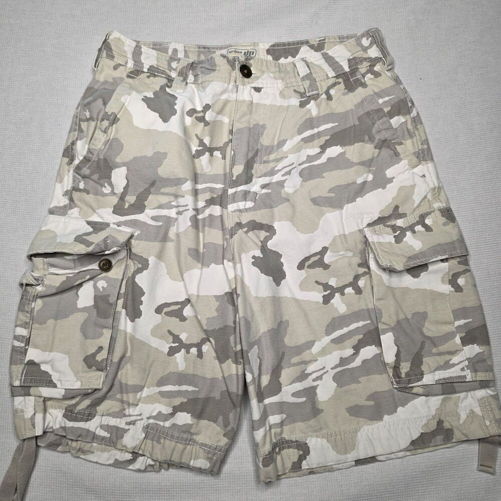 Urban Up Men’s Cargo Shorts 33 Camo White Tan Cotton Drawstring Utility